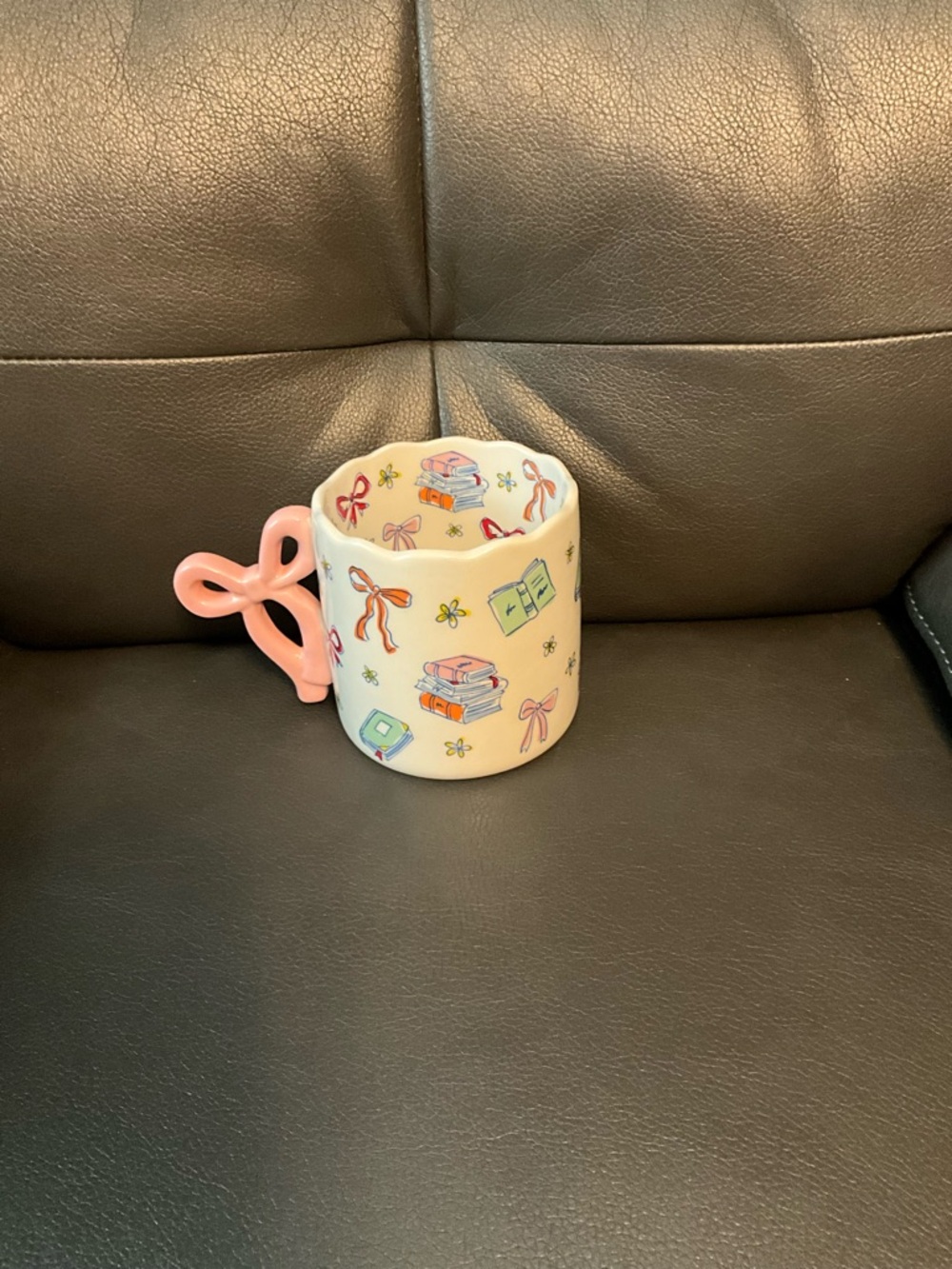 Ceramic Kids Mug with Pink Bow Handle and Book Motif
